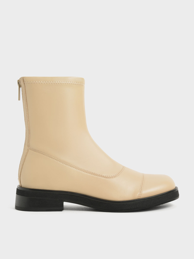 Charles & Keith Round Toe Zip-up Ankle Boots In Sand