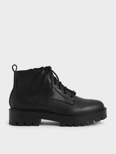 Charles & Keith Lace-up Chunky Ankle Boots In Black