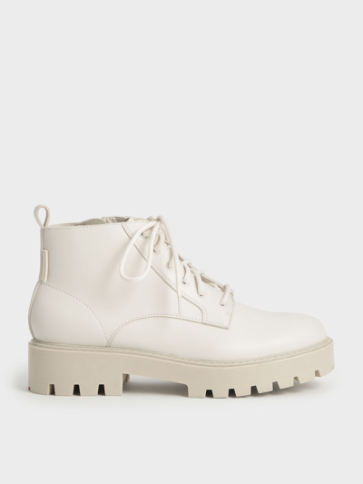Charles & Keith Lace-up Chunky Ankle Boots In Chalk