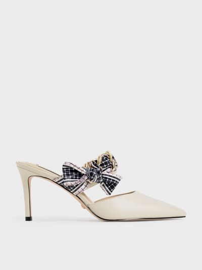 Charles & Keith Printed Fabric Bow Leather Mules In Chalk