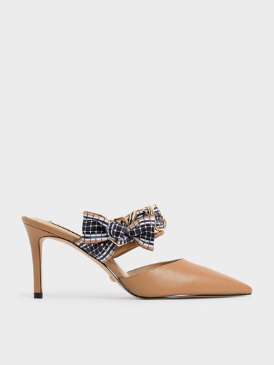 Charles & Keith Printed Fabric Bow Leather Mules In Caramel