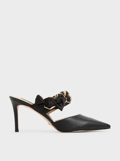Charles & Keith Satin Bow Leather Mules In Black