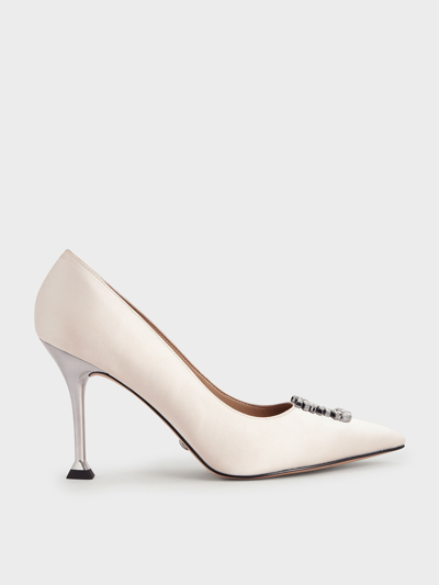 Charles & Keith Satin Gem-embellished Pumps In Cream