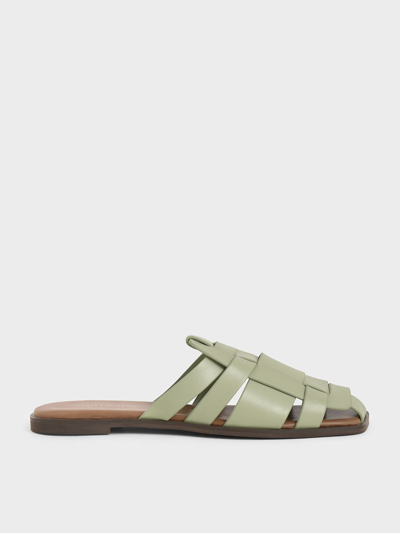 Charles & Keith Woven Flat Mules In Sage Green