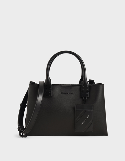 Charles & Keith Double Top Handle Structured Bag In Ultra-matte Black