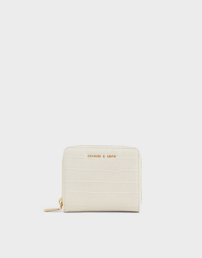 Charles & Keith Croc-effect Small Zip-around Wallet In Cream