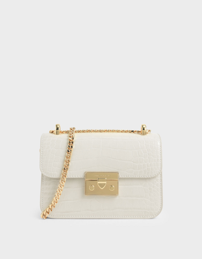 Charles Keith Croc-effect Chain Strap Crossbody Bag In Chalk