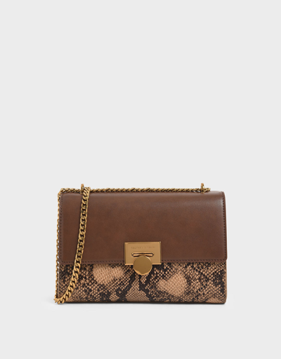 Charles & Keith Snake Print Chain Strap Clutch In Brown
