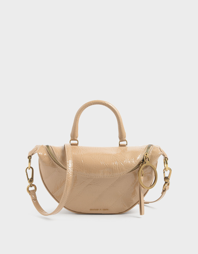 Charles & Keith Philomena Wrinkled Patent Semi-circle Crossbody Bag In Beige