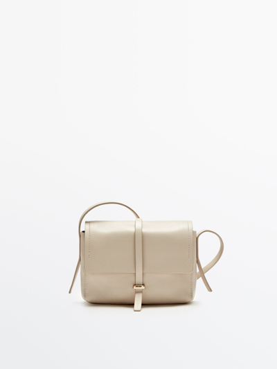Massimo Dutti Leather Bag With Flap And Gold Detail In Beige