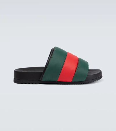 Gucci Padded Striped Nylon Slides In Green