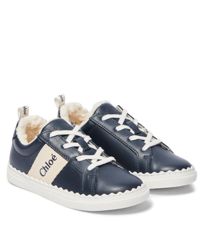 Chloé Kids' Lauren Faux Fur-lined Leather Sneakers In Blue