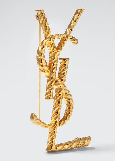 Saint Laurent Tiger Textured Ysl Brooch In Oro