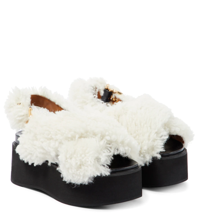 Marni Shearling-trimmed Leather Sandals In Natural White