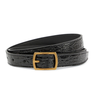 Saint Laurent Croc-effect Leather Belt In Noir