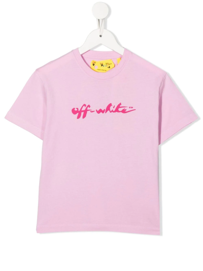 Off-white Kids' Logo印花棉质平纹针织短袖t恤 In Pink