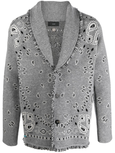 Alanui Shawl-collar Bandana-jacquard Cashmere Cardigan In Grey