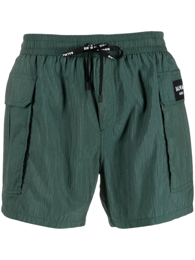 Balmain Logo-patch Drawstring Swim Shorts In Green