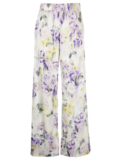 Off-white Palazzo Pants With Floral Print In Multicolore