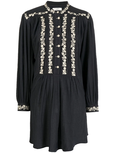 Isabel Marant Étoile Gena Embroidered Crinkled-cotton Mini Dress In Black