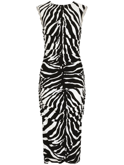 Dolce & Gabbana Zebra-print Ruched Cady Midi Dress In Black