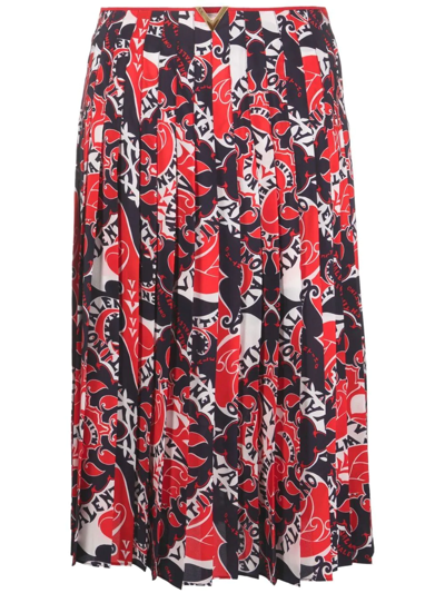Valentino Embellished Pleated Silk Crepe De Chine Skirt In Rosso/avorio/navy