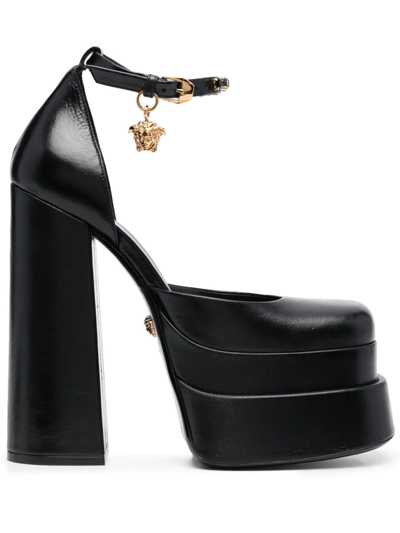 Versace Medusa Aevitas Embellished Leather Platform Sandals In Black