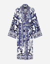Dolce & Gabbana Multicolor Kimono Bathrobe With All-over Blu Mediterraneo Print In Cotton In Multicolor