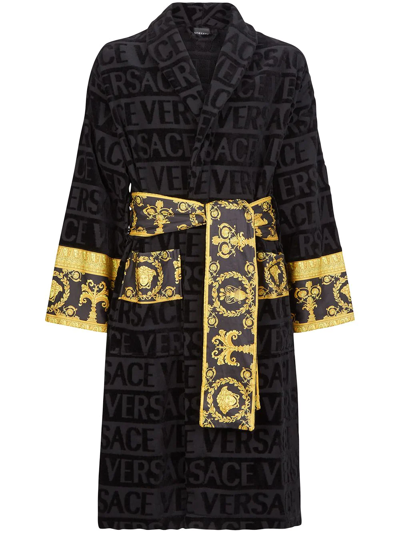 Versace Baroque-pattern Bath Dressing Gown In Black