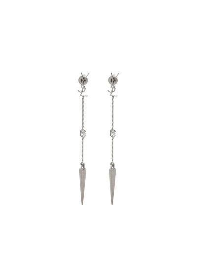 Saint Laurent Logo And Spike-embellished Brass And Glass Drop Earrings In Silver