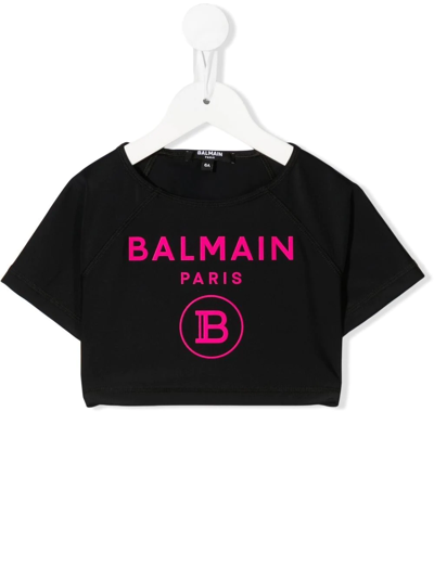 Balmain Kids' Raised Logo-print Cropped T-shirt In Black Fucsia