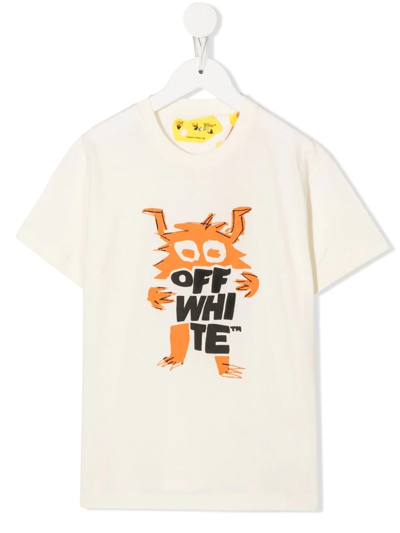 Off-white Kids' Neutral Monster Logo Cotton T-shirt In White Orange