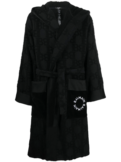 Balmain Logo-print Hooded Robe In Black