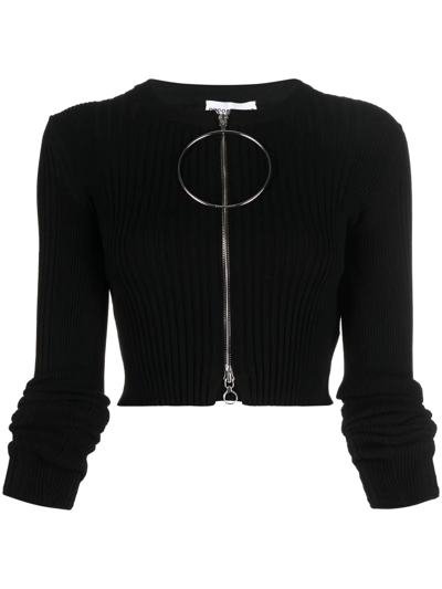 Rabanne Crop Zip Front Stretch Cotton Rib Cardigan In Nero