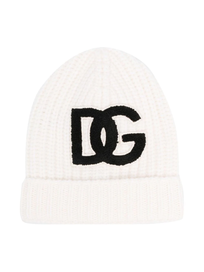 Dolce & Gabbana Babies' Brushed-logo Virgin Wool Ribbed Beanie In White