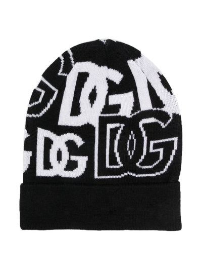 Dolce & Gabbana Kids' Logo-print Virgin Wool Beanie In Black