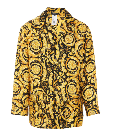 Versace Baroque Pattern-print Silk Pyjama Shirt In Yellow
