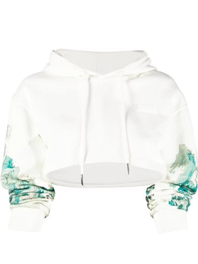 Feng Chen Wang Wave-print Cropped Hoodie In White Green