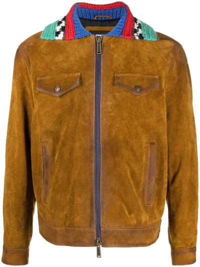 DSQUARED2 KNITTED-COLLAR SUEDE JACKET