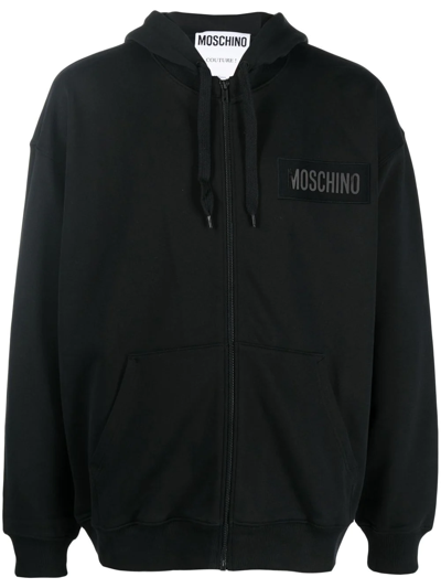 Moschino Logo印花拉链连帽衫 In Black