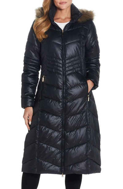 Gallery Long Quilted Parka With Faux Fur Trim In Black