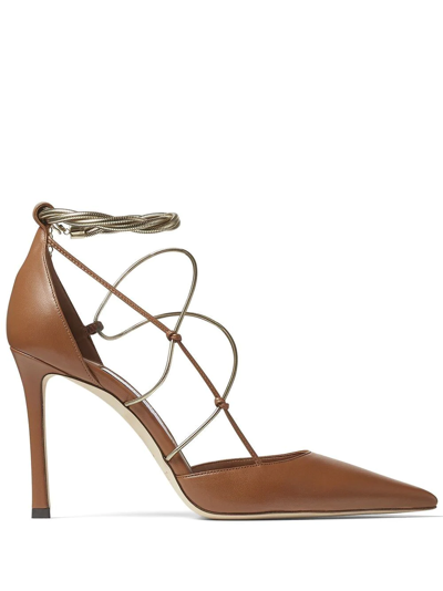 Jimmy Choo Olesia Ankle-chain Leather Pumps In Tan/gold