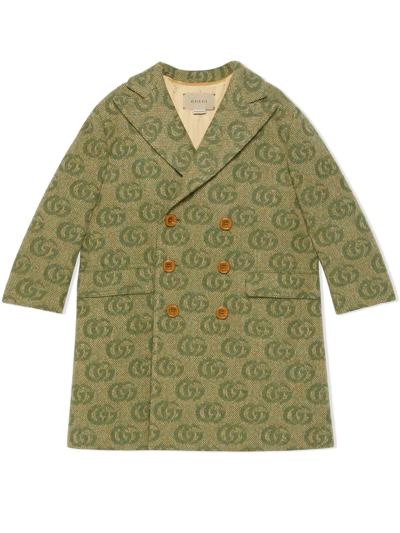 Gucci Kids' Green Gg Double-breasted Coat In Beige/verde