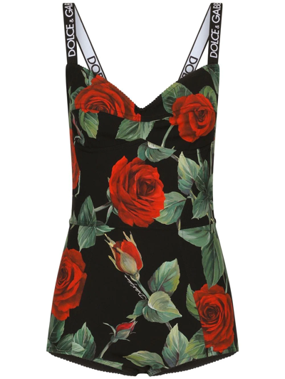 Dolce & Gabbana Red Rose Print Charmeuse Bodysuit In Multi-colored