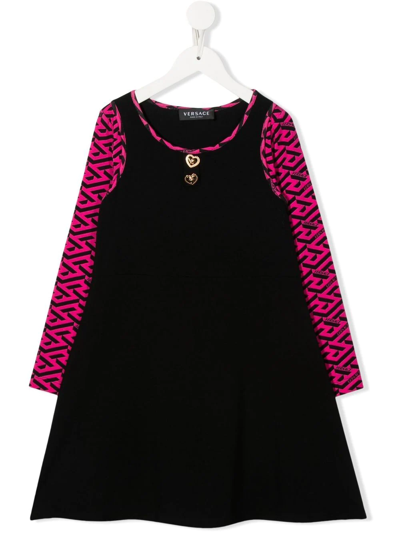Versace Kids' Logo-print Long-sleeved Dress In Black