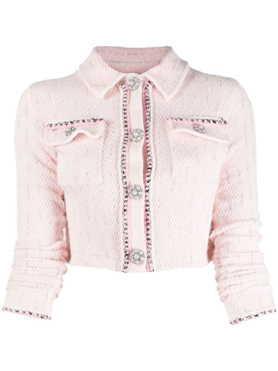Self-portrait Crystal-embellished Cropped Jacket In Pink