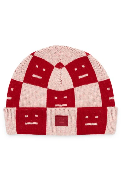 Acne Studios Kids' Logo-appliquéd Checked Wool-jacquard Beanie In Red