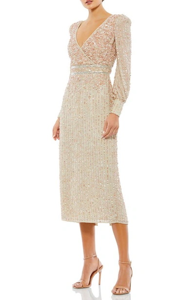 Mac Duggal Sequin Long Sleeve Body-con Midi Cocktail Dress In Beige