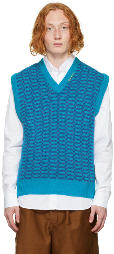 Marni V-neck Jacquard Wool Knit Sweater In Blue