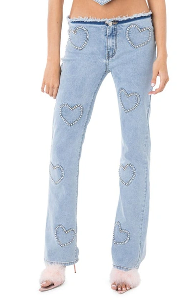 Edikted Pearly Heart Low Rise Jeans In Blue